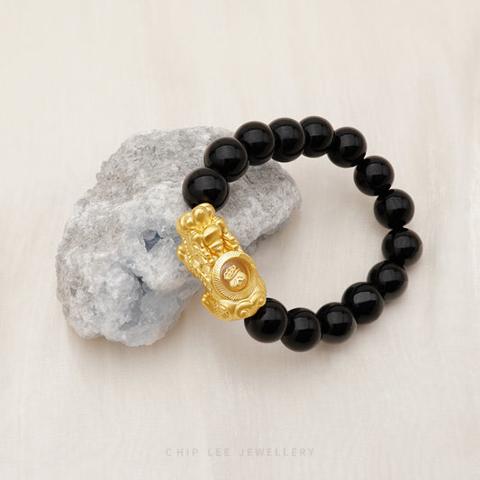 999 Pure Gold Black Agate Pixiu Bracelet