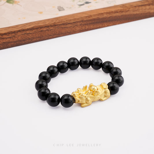 999 Pure Gold Black Fortune & Wealth Agate Pixiu Bracelet | 招财进宝 (Zhao Cai Jin Bao)