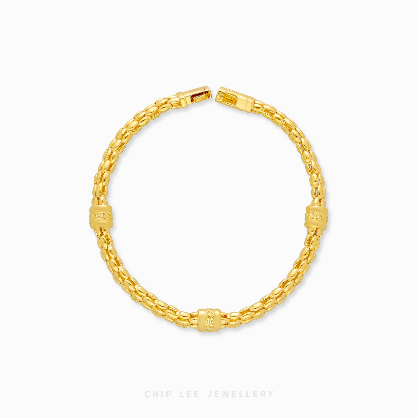 Gold bracelet on a white background with 'Chic Lee Jewellery' branding.