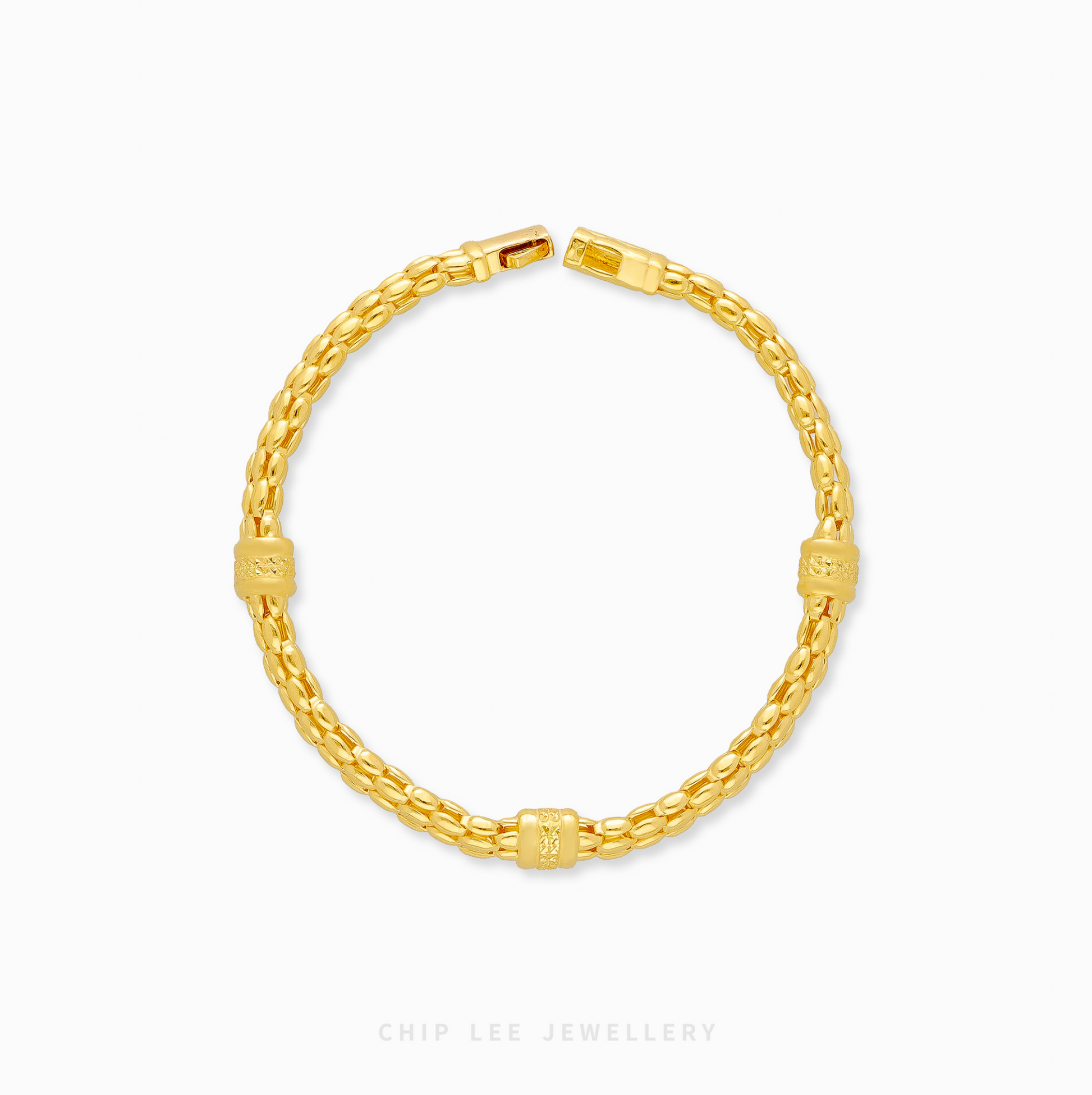Gold bracelet on a white background with 'Chic Lee Jewellery' branding.