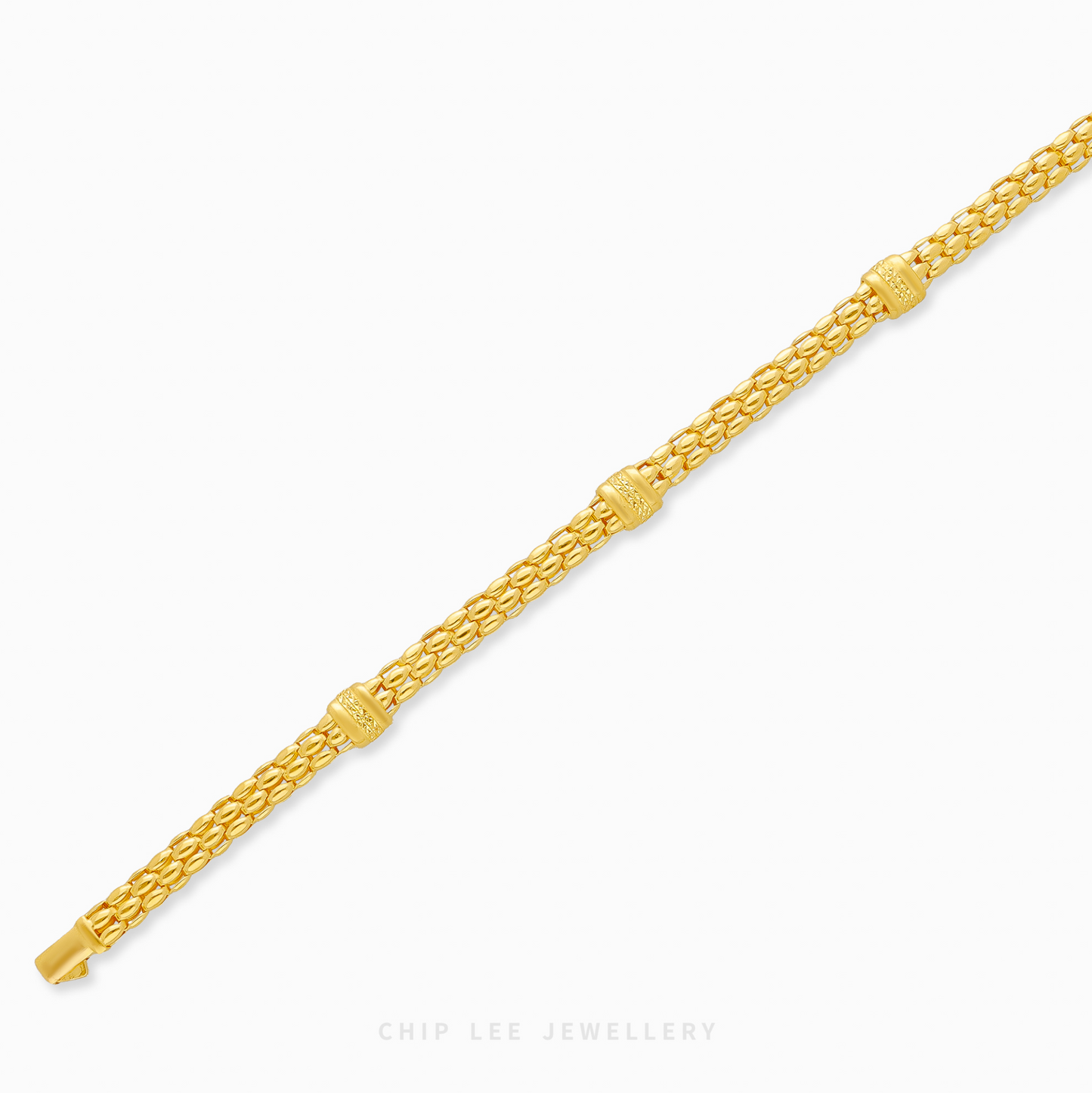 Gold bracelet on a white background with 'Chip Lee Jewellery' branding.