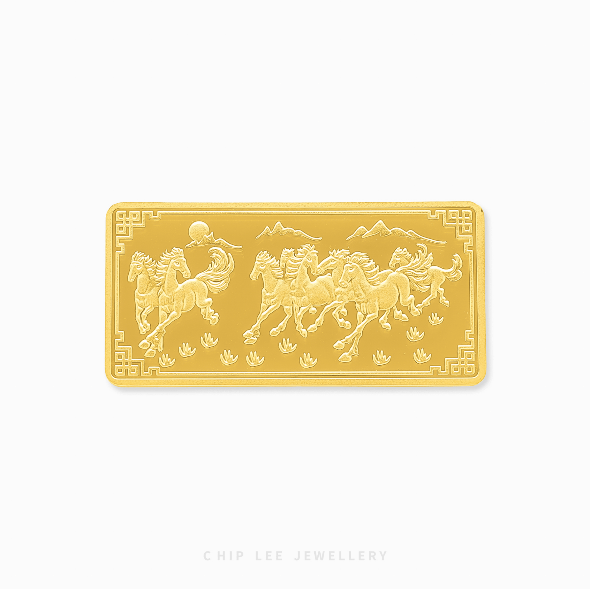 Gold bar with horse design on a white background, featuring the brand 'Chip Lee Jewellery'.