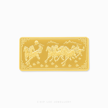 Gold bar with horse design on a white background, featuring the brand 'Chip Lee Jewellery'.