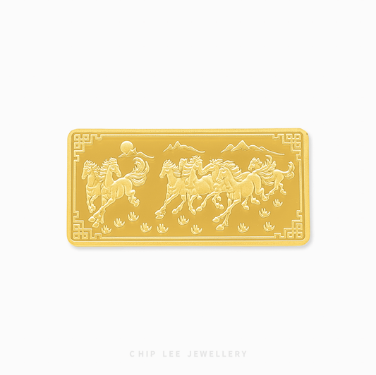 Gold bar with horse design on a white background, featuring the brand 'Chip Lee Jewellery'.