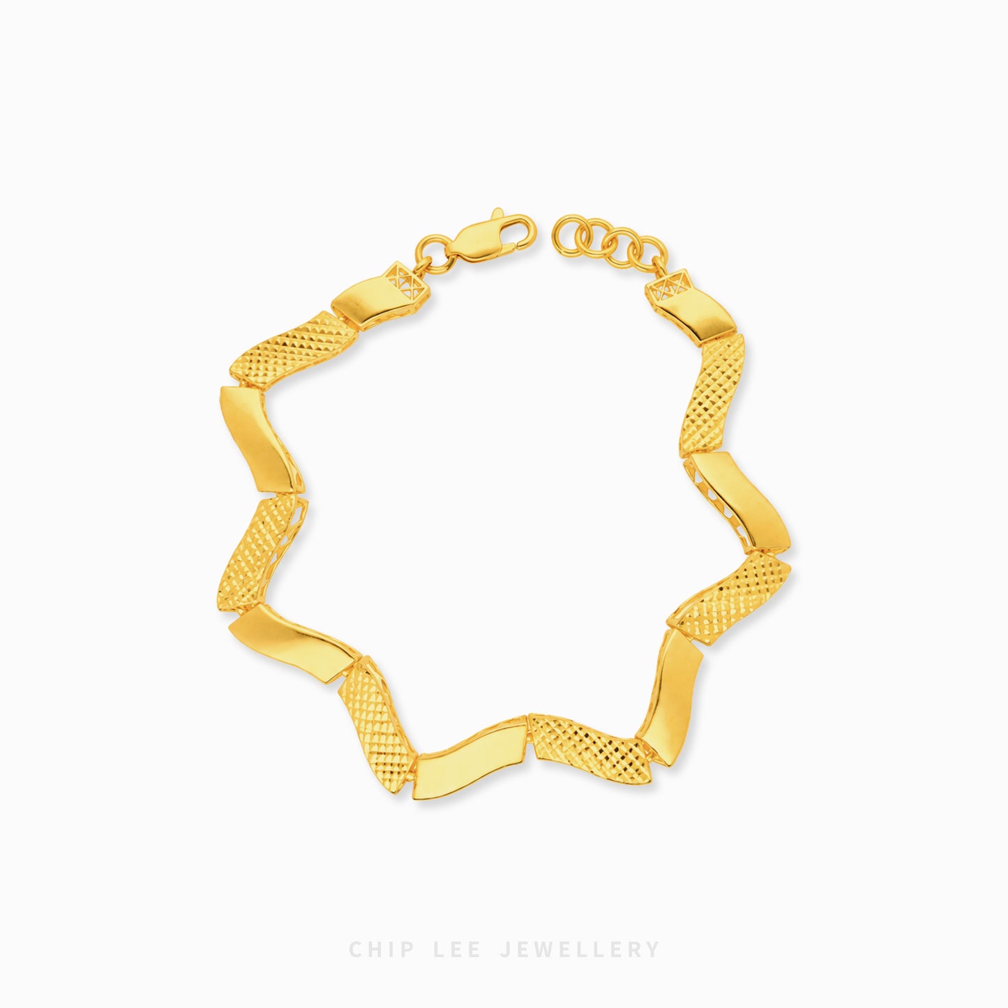 A gold chain bracelet with alternating smooth and textured links, displayed on a clean white background with a Chip Lee Jewellery watermark at the bottom.