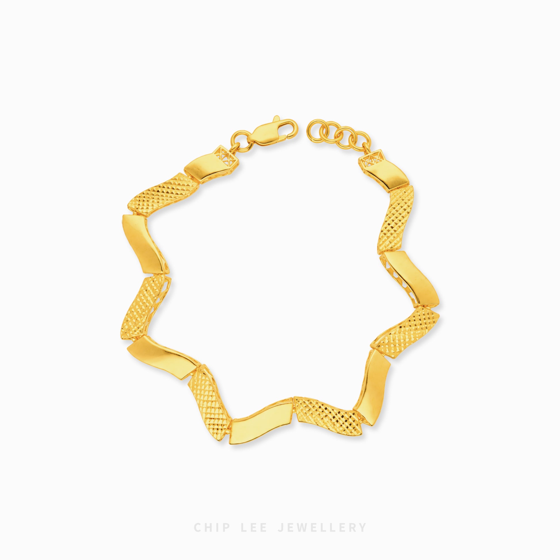 A gold chain bracelet with alternating smooth and textured links, displayed on a clean white background with a Chip Lee Jewellery watermark at the bottom.