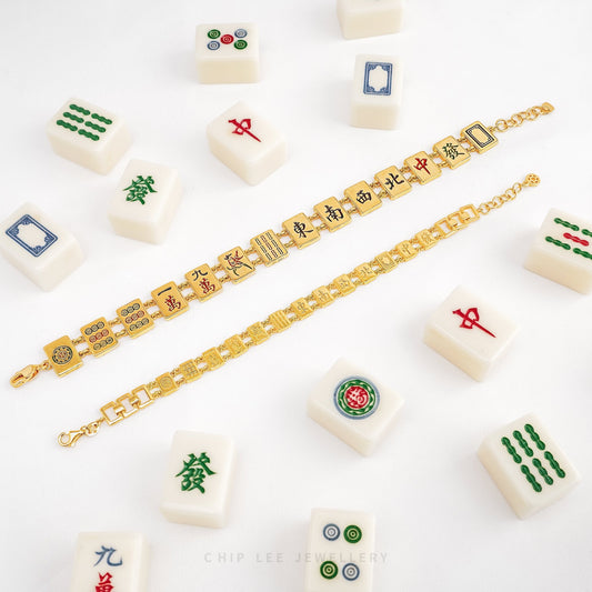 13 Wonders Mahjong Enamel Bracelet with colourful enamel tiles, blending traditional Mahjong symbols with vibrant, modern jewellery design.